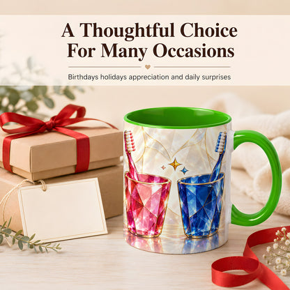 #pl[11oz|Green] Gemstone Toothbrush Pair Coffee Mug, Dental Theme Mug, Ceramic Cup