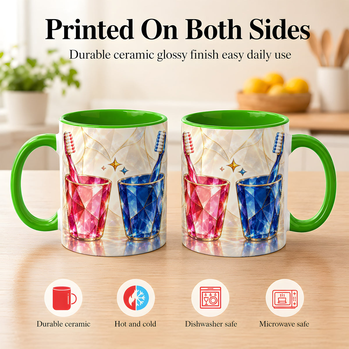 #pl[11oz|Green] Gemstone Toothbrush Pair Coffee Mug, Dental Theme Mug, Ceramic Cup