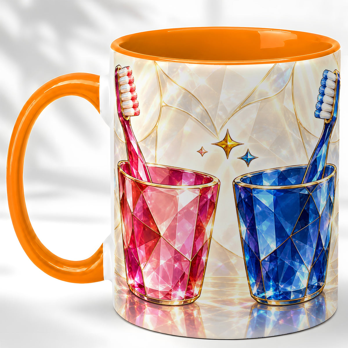 #pl[11oz|Orange] Gemstone Toothbrush Pair Coffee Mug, Dental Theme Mug, Ceramic Cup