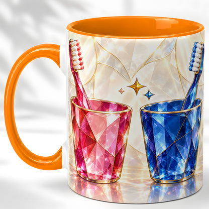 #pl[11oz|Orange] Gemstone Toothbrush Pair Coffee Mug, Dental Theme Mug, Ceramic Cup