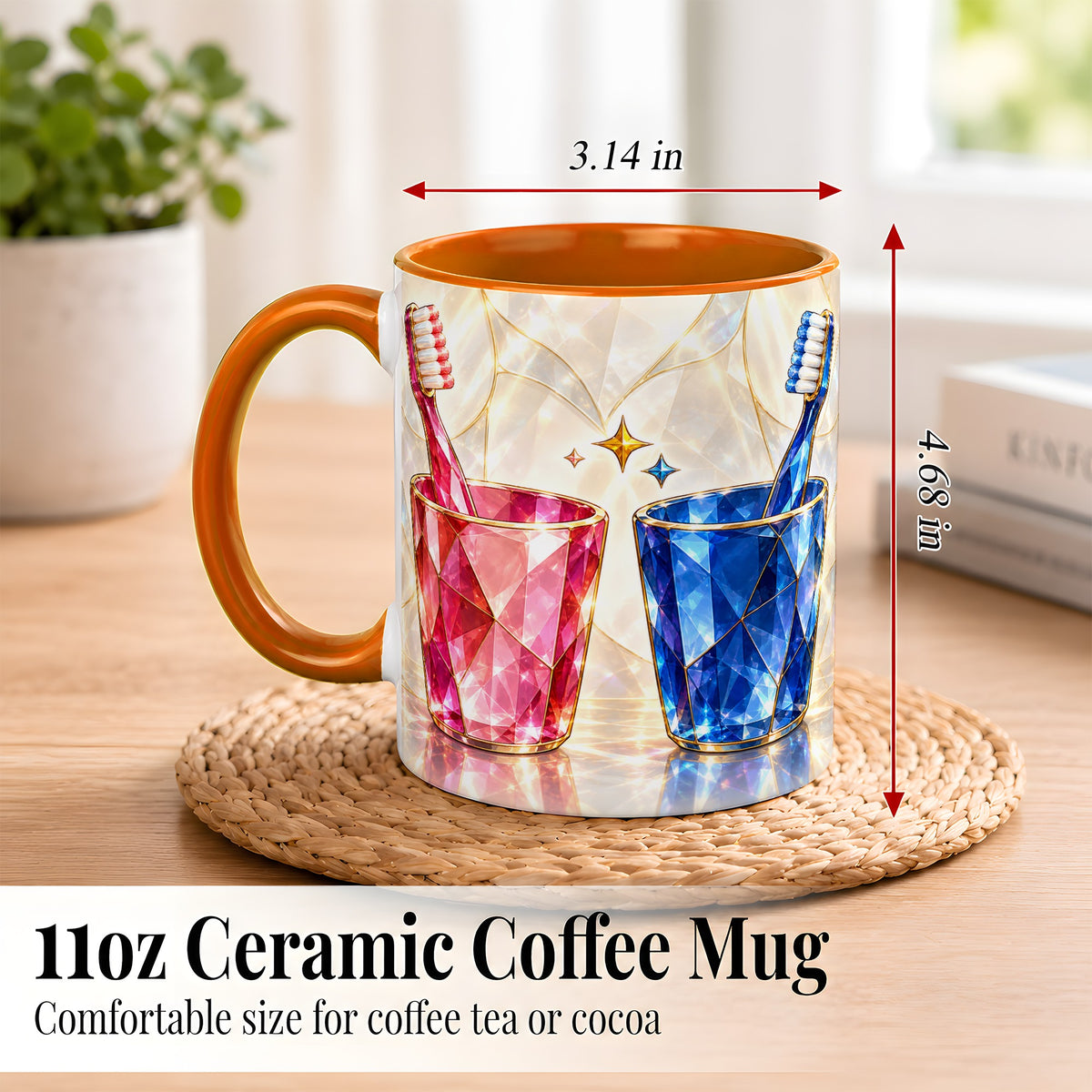 #pl[11oz|Orange] Gemstone Toothbrush Pair Coffee Mug, Dental Theme Mug, Ceramic Cup