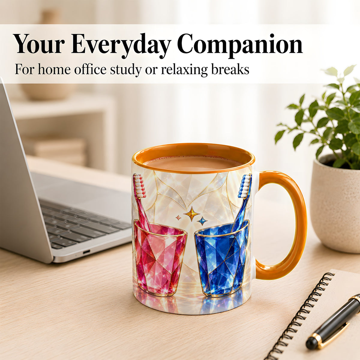 #pl[11oz|Orange] Gemstone Toothbrush Pair Coffee Mug, Dental Theme Mug, Ceramic Cup