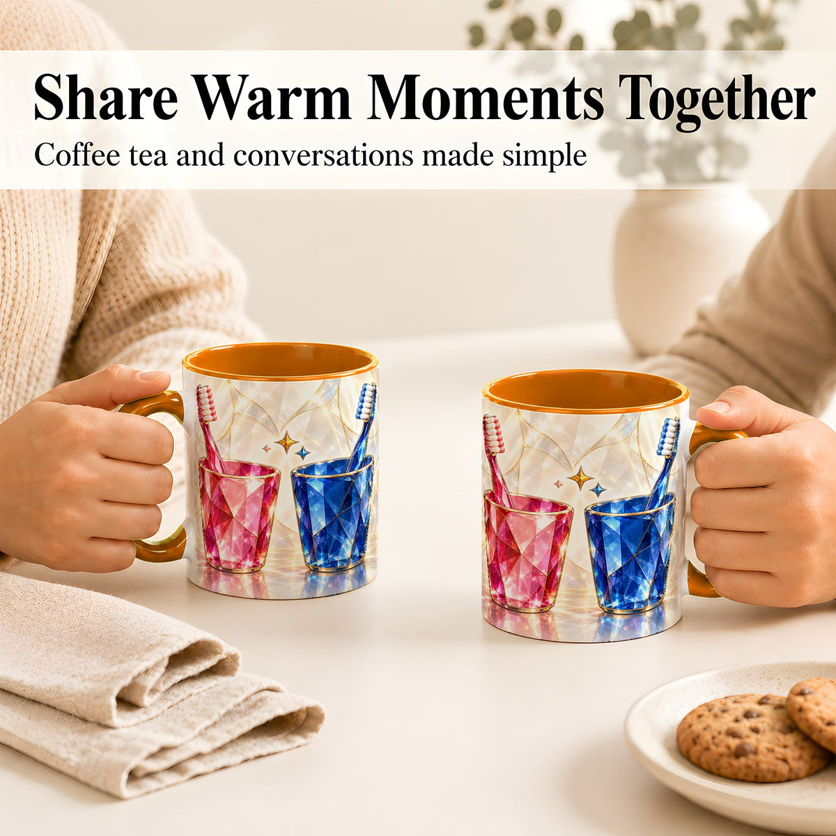 #pl[11oz|Orange] Gemstone Toothbrush Pair Coffee Mug, Dental Theme Mug, Ceramic Cup