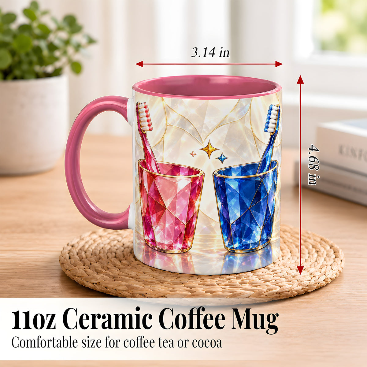 #pl[11oz|Pink] Gemstone Toothbrush Pair Coffee Mug, Dental Theme Mug, Ceramic Cup