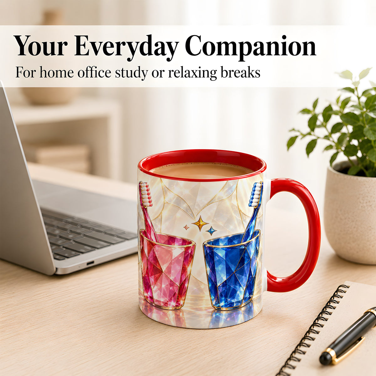 #pl[11oz|Red] Gemstone Toothbrush Pair Coffee Mug, Dental Theme Mug, Ceramic Cup