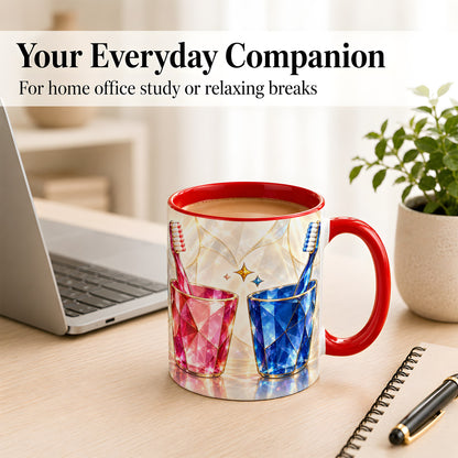 #pl[11oz|Red] Gemstone Toothbrush Pair Coffee Mug, Dental Theme Mug, Ceramic Cup