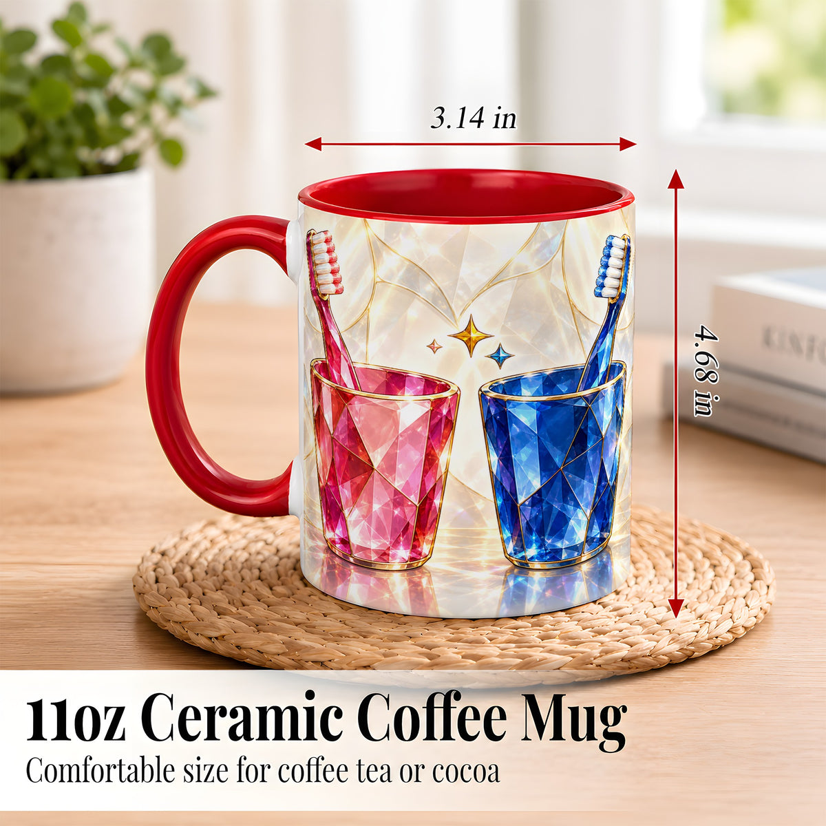 #pl[11oz|Red] Gemstone Toothbrush Pair Coffee Mug, Dental Theme Mug, Ceramic Cup