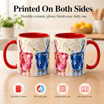 #pl[11oz|Red] Gemstone Toothbrush Pair Coffee Mug, Dental Theme Mug, Ceramic Cup