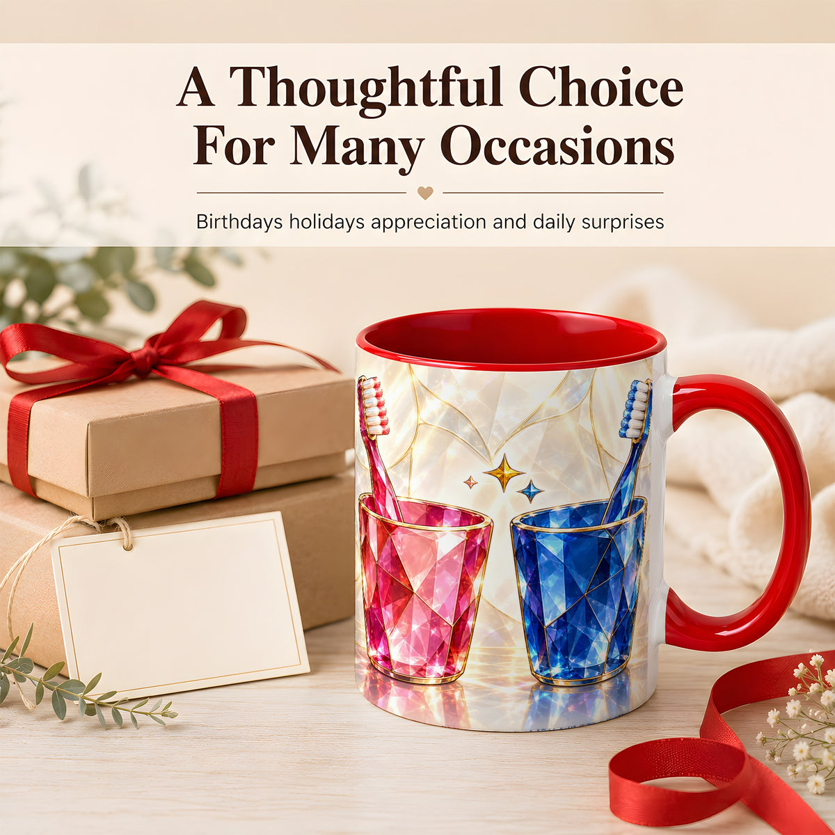 #pl[11oz|Red] Gemstone Toothbrush Pair Coffee Mug, Dental Theme Mug, Ceramic Cup
