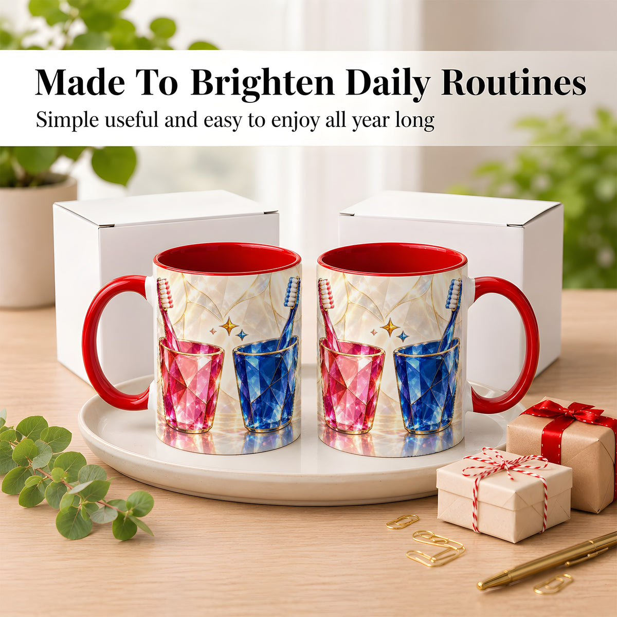 #pl[11oz|Red] Gemstone Toothbrush Pair Coffee Mug, Dental Theme Mug, Ceramic Cup