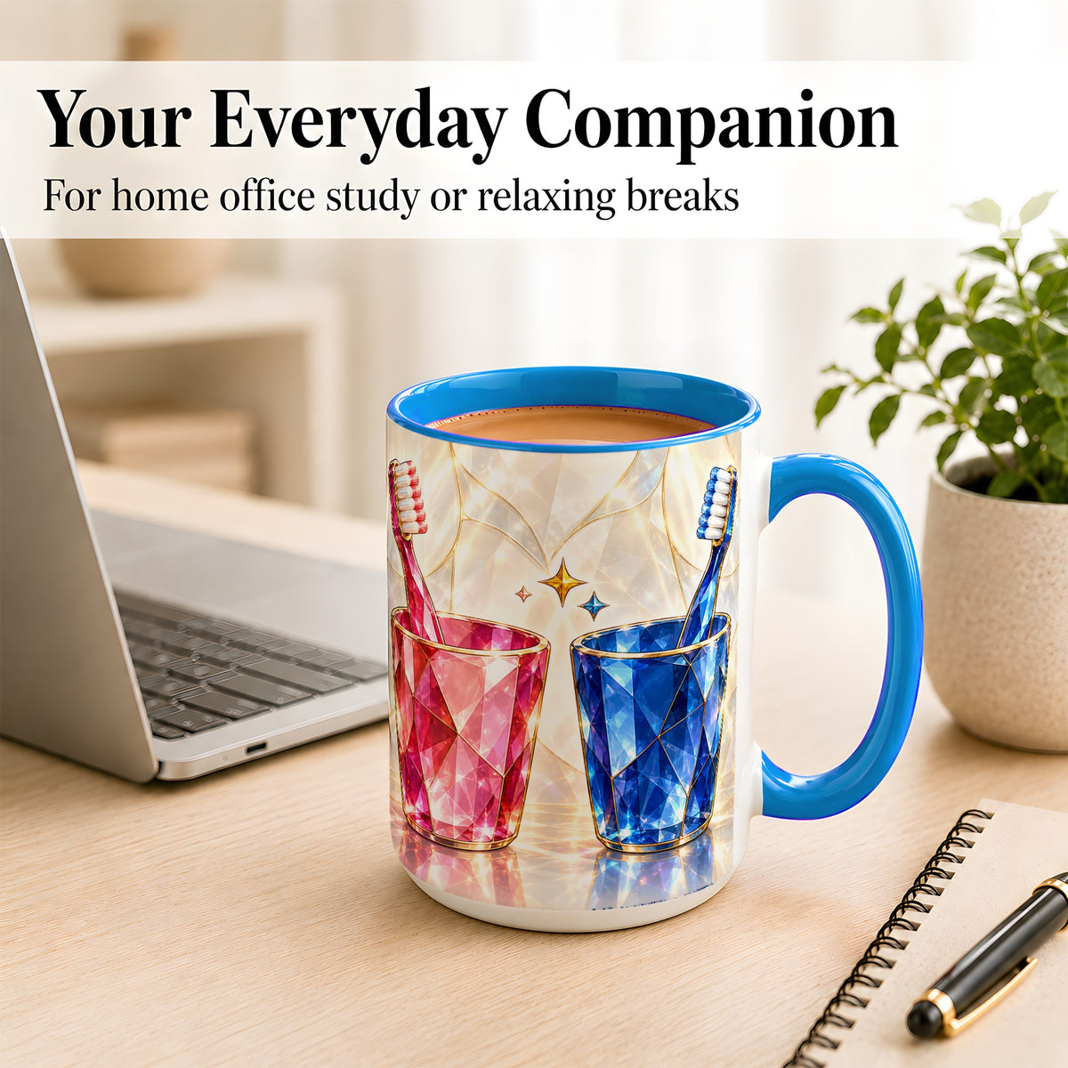 #pl[15oz|Blue] Gemstone Toothbrush Pair Coffee Mug, Dental Theme Mug, Ceramic Cup