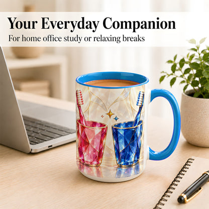 #pl[15oz|Blue] Gemstone Toothbrush Pair Coffee Mug, Dental Theme Mug, Ceramic Cup