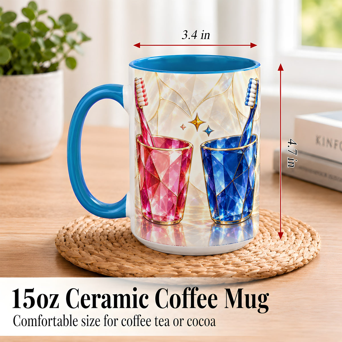 #pl[15oz|Blue] Gemstone Toothbrush Pair Coffee Mug, Dental Theme Mug, Ceramic Cup