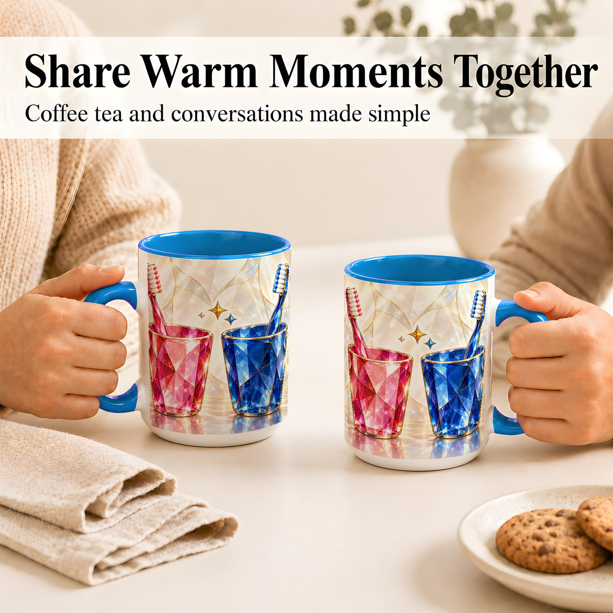#pl[15oz|Blue] Gemstone Toothbrush Pair Coffee Mug, Dental Theme Mug, Ceramic Cup
