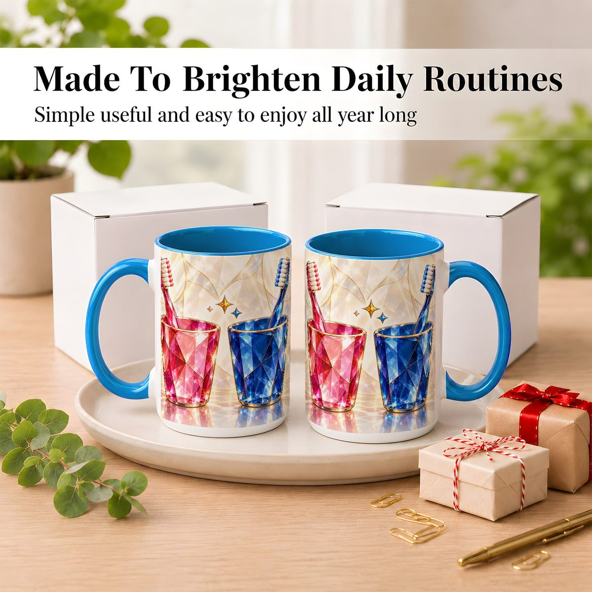 #pl[15oz|Blue] Gemstone Toothbrush Pair Coffee Mug, Dental Theme Mug, Ceramic Cup
