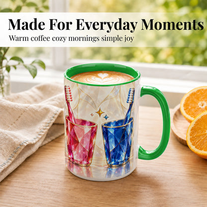 #pl[15oz|Green] Gemstone Toothbrush Pair Coffee Mug, Dental Theme Mug, Ceramic Cup