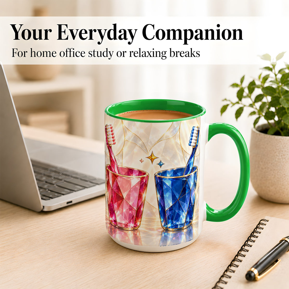 #pl[15oz|Green] Gemstone Toothbrush Pair Coffee Mug, Dental Theme Mug, Ceramic Cup