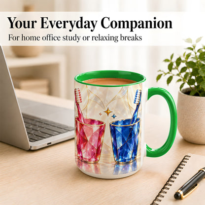 #pl[15oz|Green] Gemstone Toothbrush Pair Coffee Mug, Dental Theme Mug, Ceramic Cup