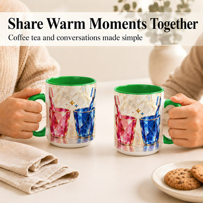 #pl[15oz|Green] Gemstone Toothbrush Pair Coffee Mug, Dental Theme Mug, Ceramic Cup
