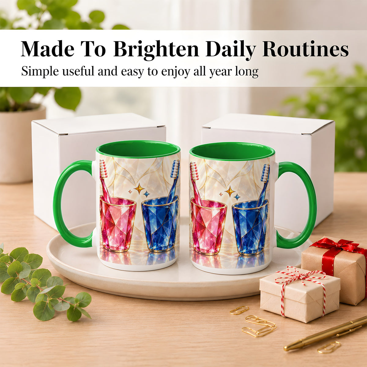 #pl[15oz|Green] Gemstone Toothbrush Pair Coffee Mug, Dental Theme Mug, Ceramic Cup