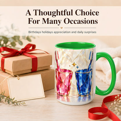 #pl[15oz|Green] Gemstone Toothbrush Pair Coffee Mug, Dental Theme Mug, Ceramic Cup