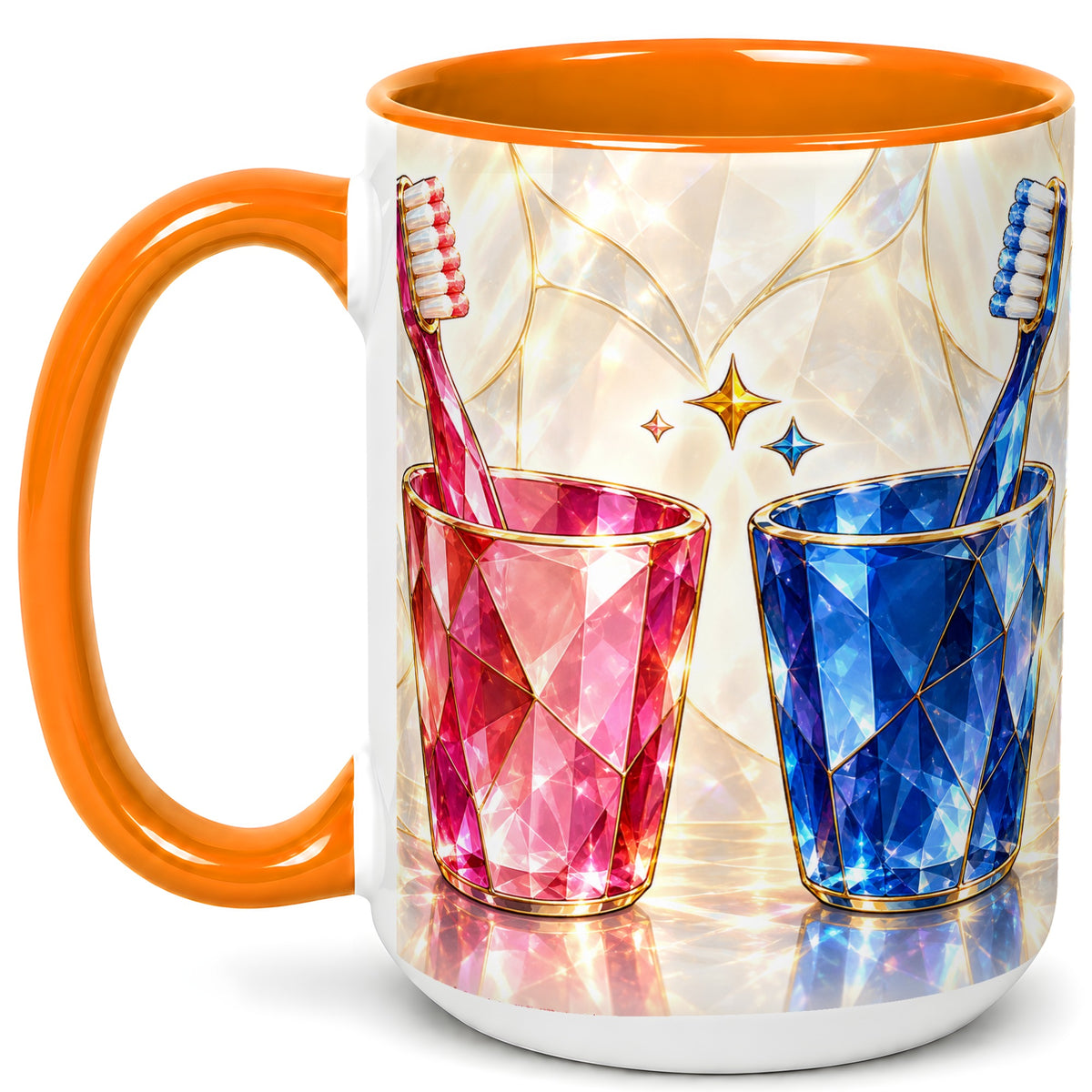 #pl[15oz|Orange] Gemstone Toothbrush Pair Coffee Mug, Dental Theme Mug, Ceramic Cup