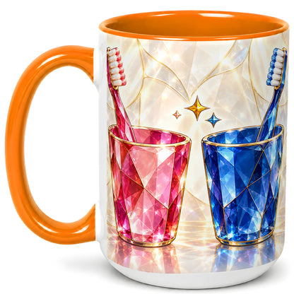 #pl[15oz|Orange] Gemstone Toothbrush Pair Coffee Mug, Dental Theme Mug, Ceramic Cup