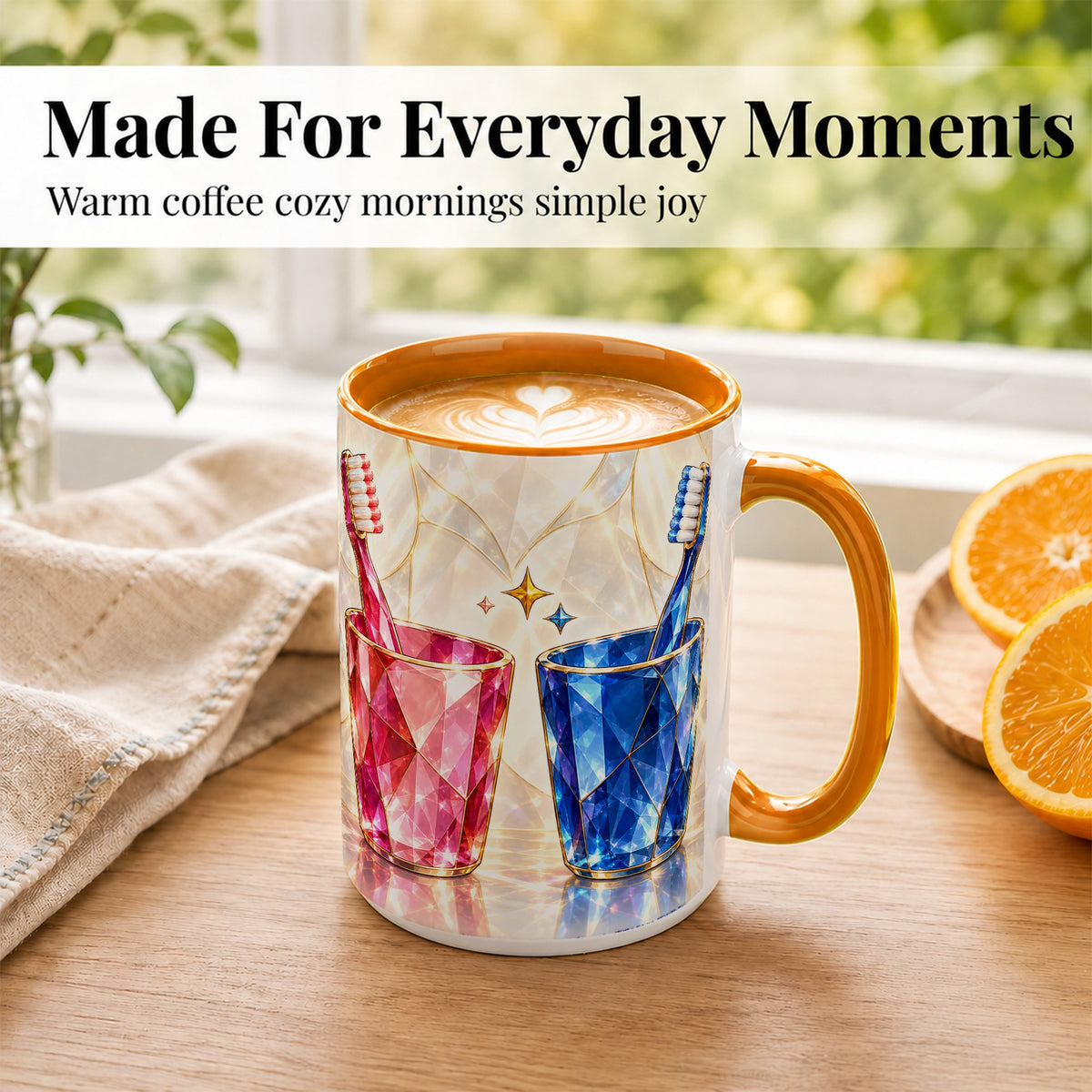 #pl[15oz|Orange] Gemstone Toothbrush Pair Coffee Mug, Dental Theme Mug, Ceramic Cup