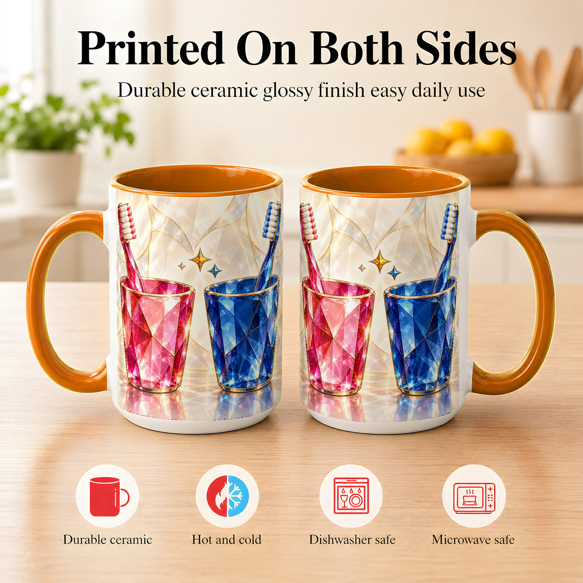 #pl[15oz|Orange] Gemstone Toothbrush Pair Coffee Mug, Dental Theme Mug, Ceramic Cup