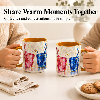 #pl[15oz|Orange] Gemstone Toothbrush Pair Coffee Mug, Dental Theme Mug, Ceramic Cup