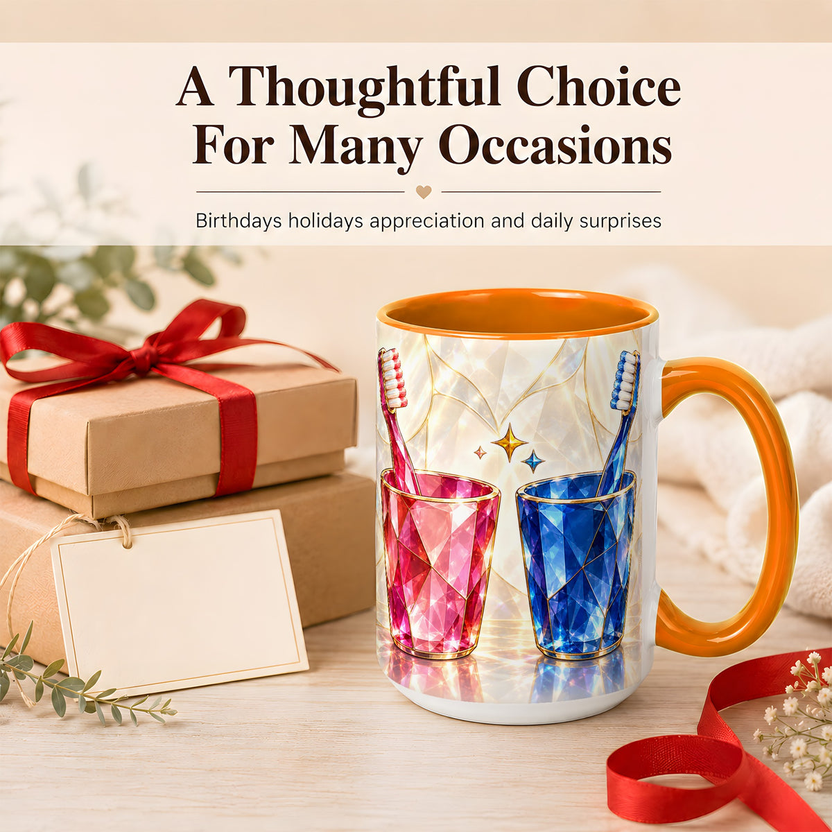 #pl[15oz|Orange] Gemstone Toothbrush Pair Coffee Mug, Dental Theme Mug, Ceramic Cup