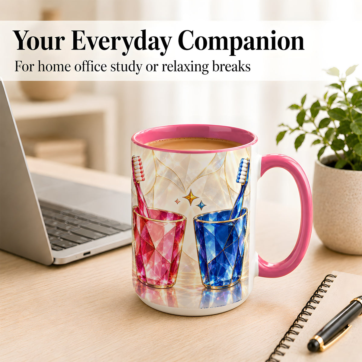 #pl[15oz|Pink] Gemstone Toothbrush Pair Coffee Mug, Dental Theme Mug, Ceramic Cup