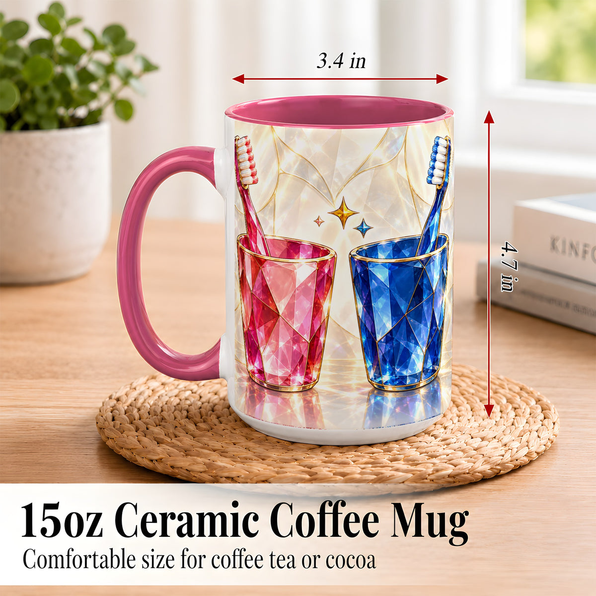 #pl[15oz|Pink] Gemstone Toothbrush Pair Coffee Mug, Dental Theme Mug, Ceramic Cup