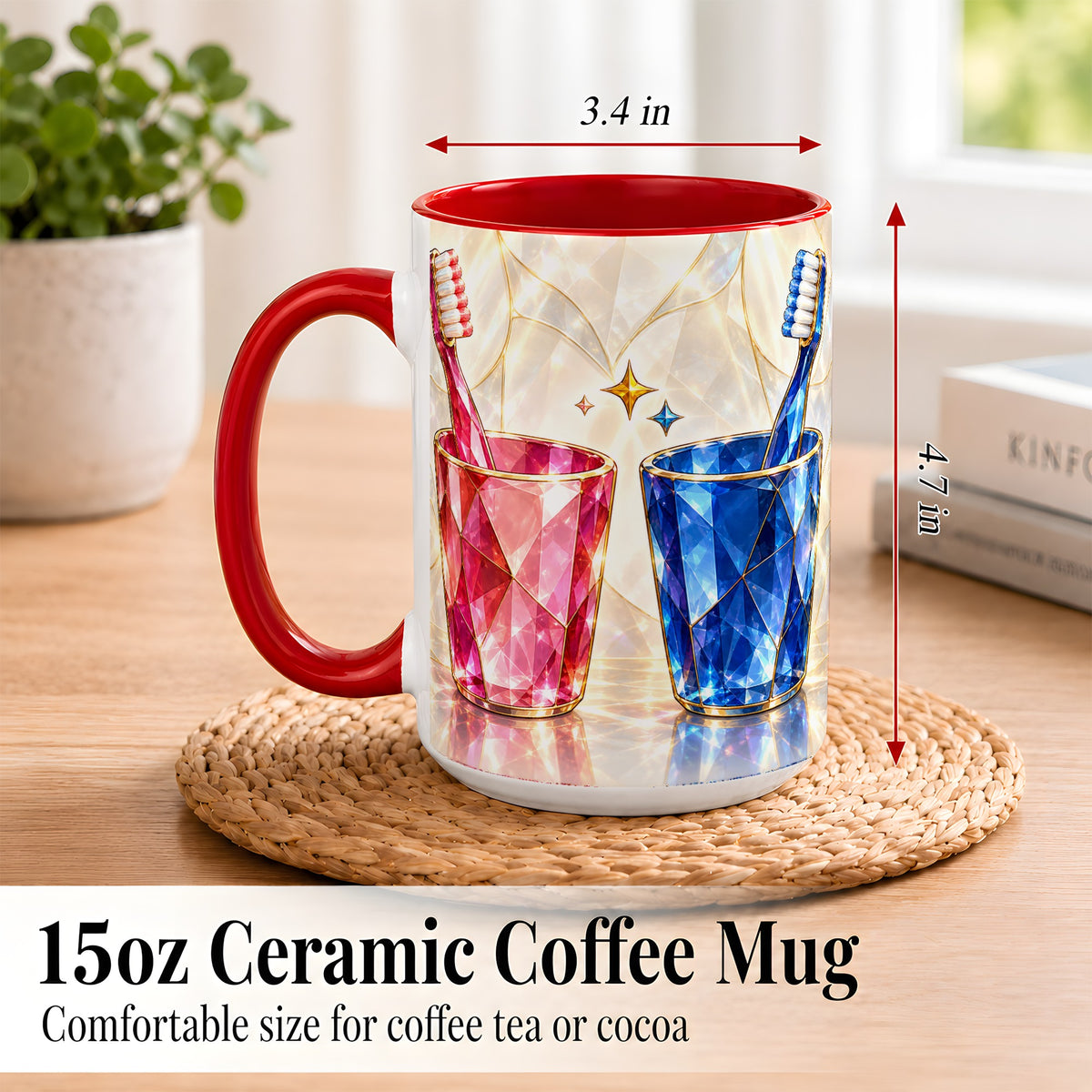 #pl[15oz|Red] Gemstone Toothbrush Pair Coffee Mug, Dental Theme Mug, Ceramic Cup
