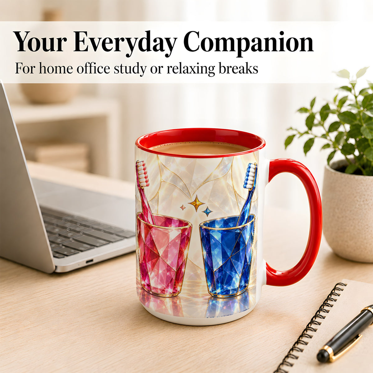 #pl[15oz|Red] Gemstone Toothbrush Pair Coffee Mug, Dental Theme Mug, Ceramic Cup