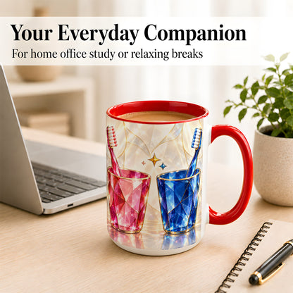 #pl[15oz|Red] Gemstone Toothbrush Pair Coffee Mug, Dental Theme Mug, Ceramic Cup
