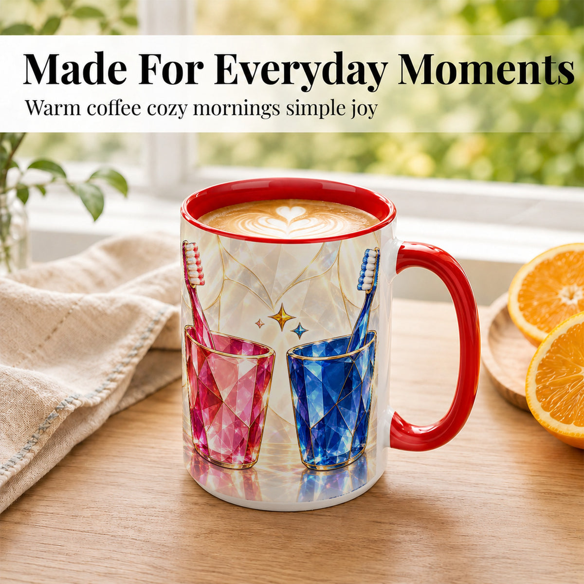 #pl[15oz|Red] Gemstone Toothbrush Pair Coffee Mug, Dental Theme Mug, Ceramic Cup