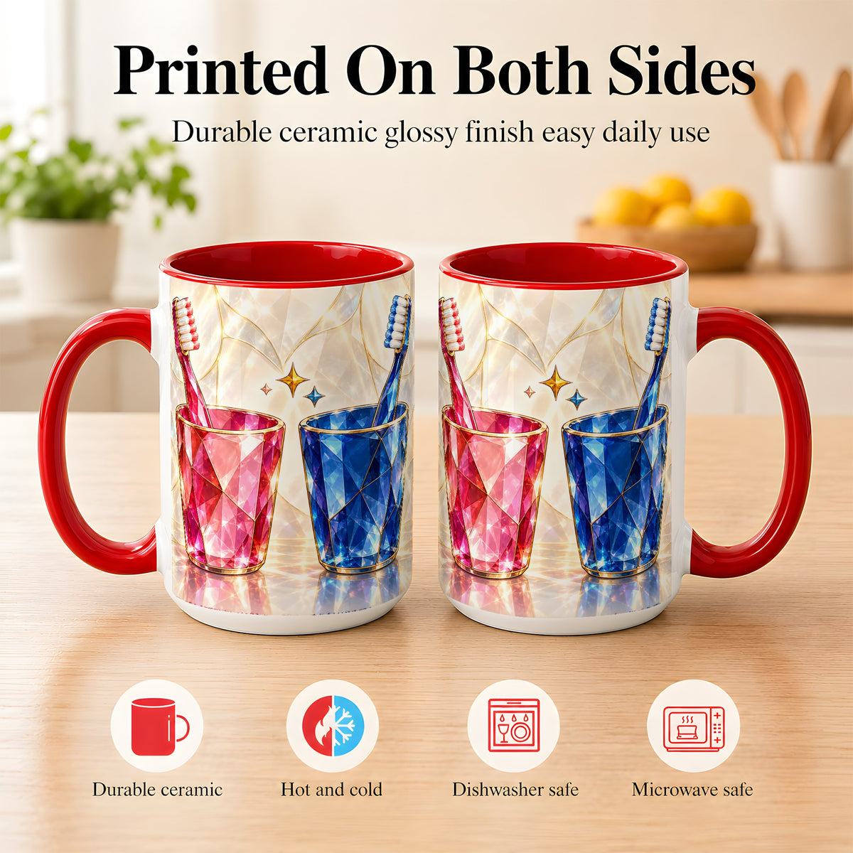 #pl[15oz|Red] Gemstone Toothbrush Pair Coffee Mug, Dental Theme Mug, Ceramic Cup