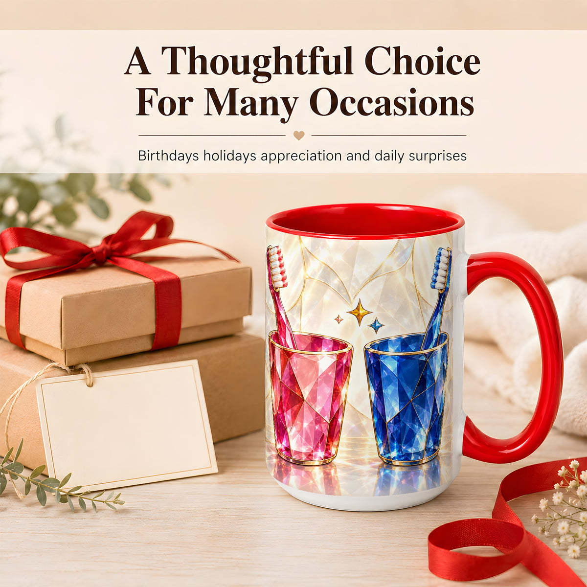 #pl[15oz|Red] Gemstone Toothbrush Pair Coffee Mug, Dental Theme Mug, Ceramic Cup