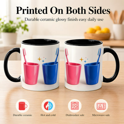 #pl[11oz|Black] Pink Blue Toothbrush Pair Coffee Mug, Dental Theme Mug, Ceramic Cup