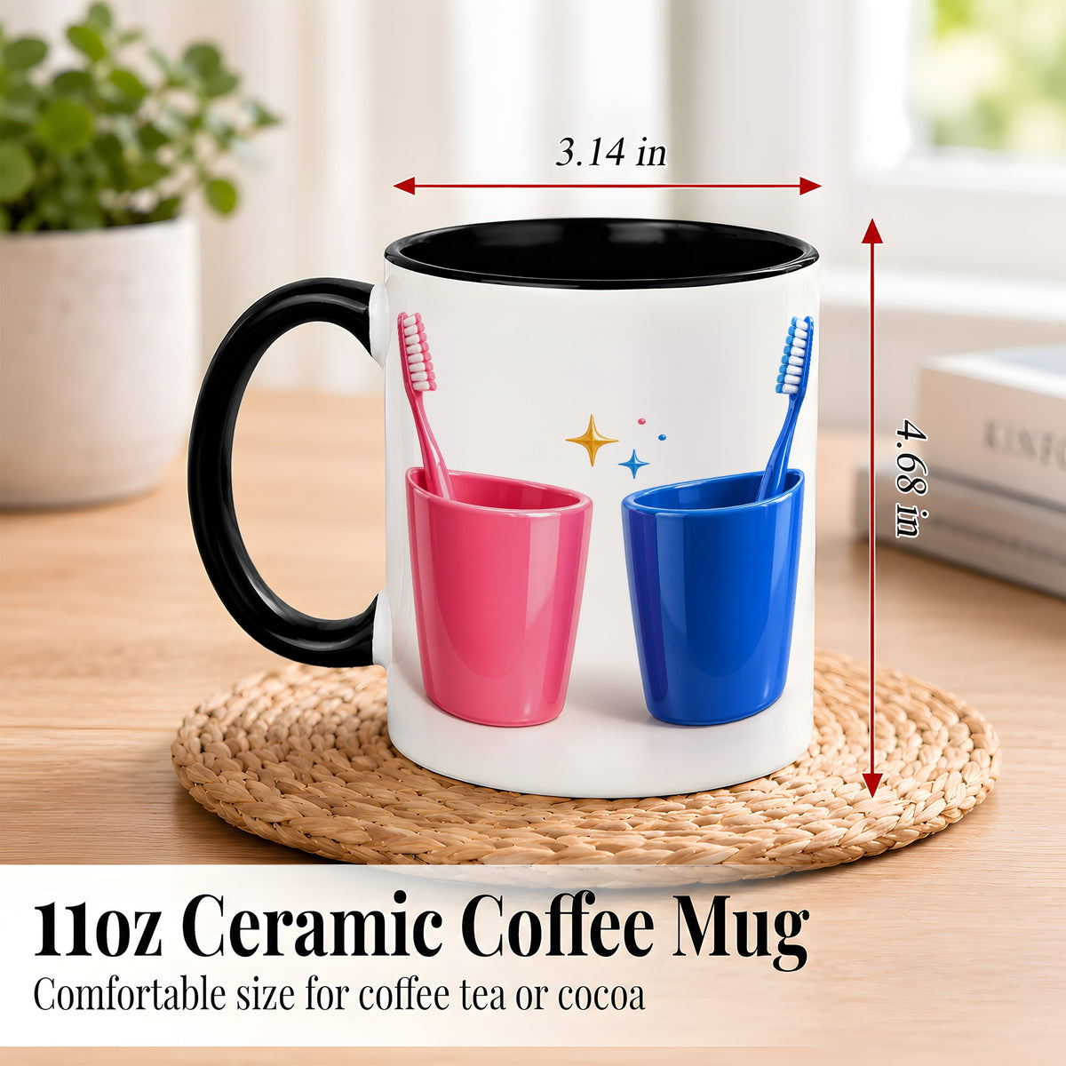 #pl[11oz|Black] Pink Blue Toothbrush Pair Coffee Mug, Dental Theme Mug, Ceramic Cup