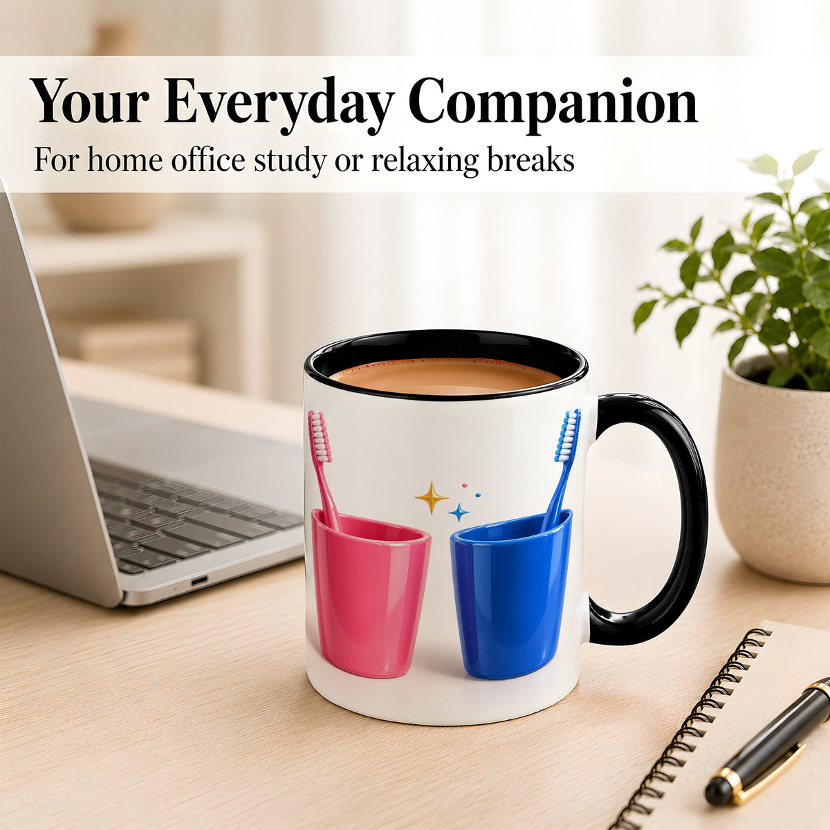 #pl[11oz|Black] Pink Blue Toothbrush Pair Coffee Mug, Dental Theme Mug, Ceramic Cup