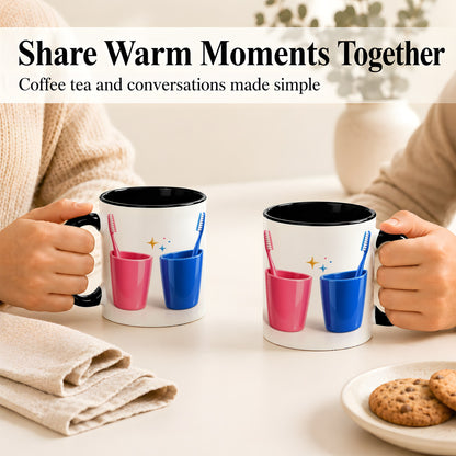 #pl[11oz|Black] Pink Blue Toothbrush Pair Coffee Mug, Dental Theme Mug, Ceramic Cup