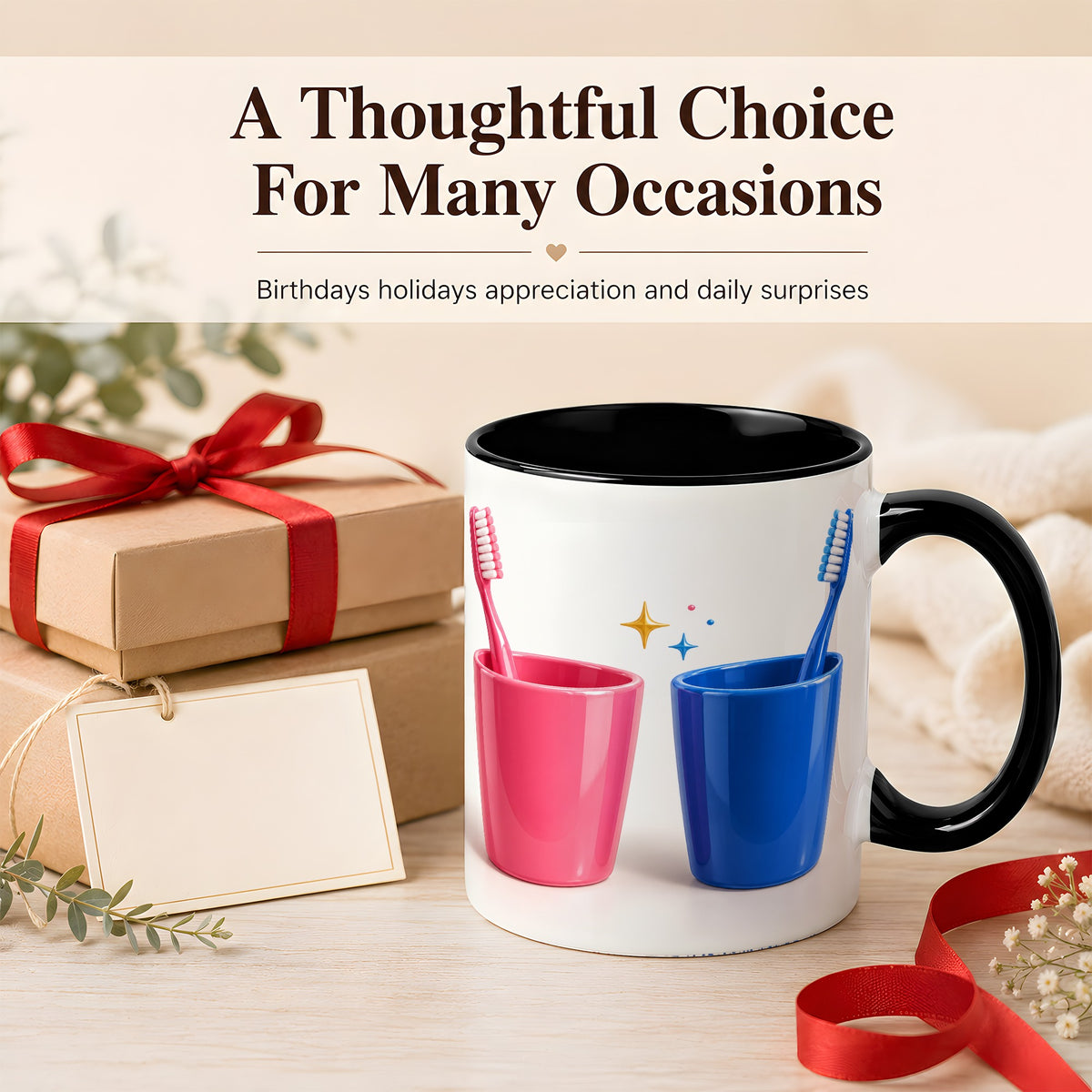 #pl[11oz|Black] Pink Blue Toothbrush Pair Coffee Mug, Dental Theme Mug, Ceramic Cup