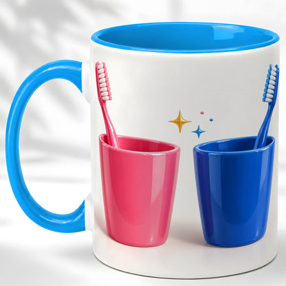 #pl[11oz|Blue] Pink Blue Toothbrush Pair Coffee Mug, Dental Theme Mug, Ceramic Cup