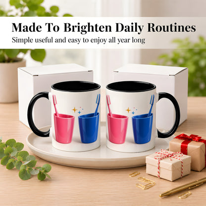 #pl[11oz|Black] Pink Blue Toothbrush Pair Coffee Mug, Dental Theme Mug, Ceramic Cup