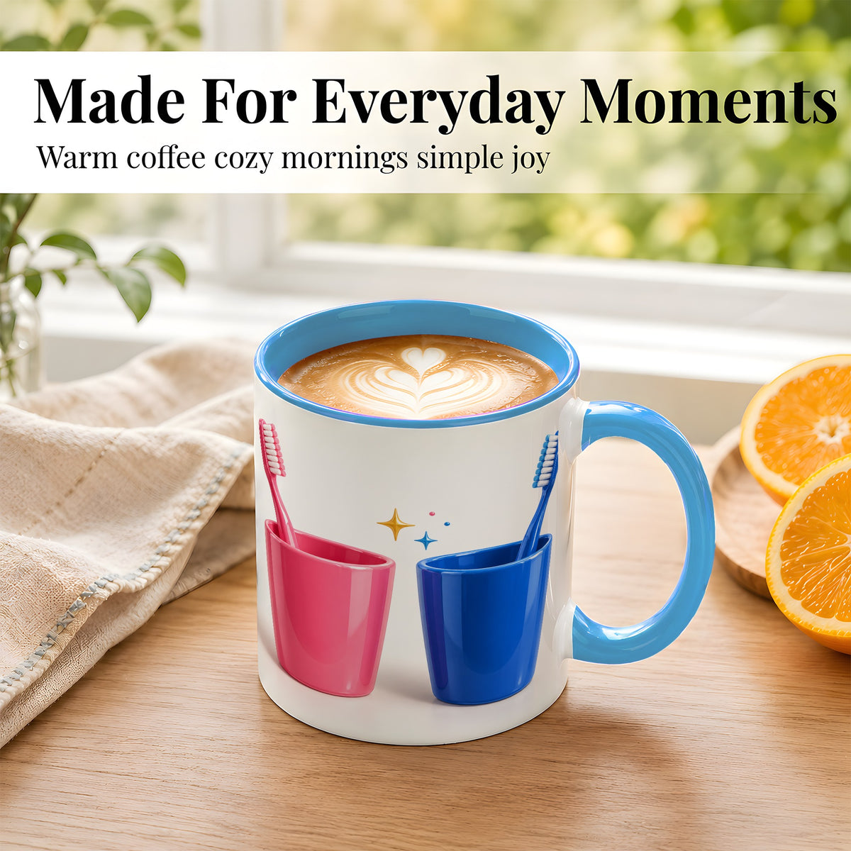 #pl[11oz|Blue] Pink Blue Toothbrush Pair Coffee Mug, Dental Theme Mug, Ceramic Cup