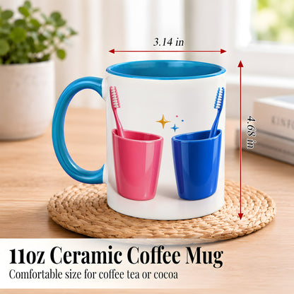 #pl[11oz|Blue] Pink Blue Toothbrush Pair Coffee Mug, Dental Theme Mug, Ceramic Cup