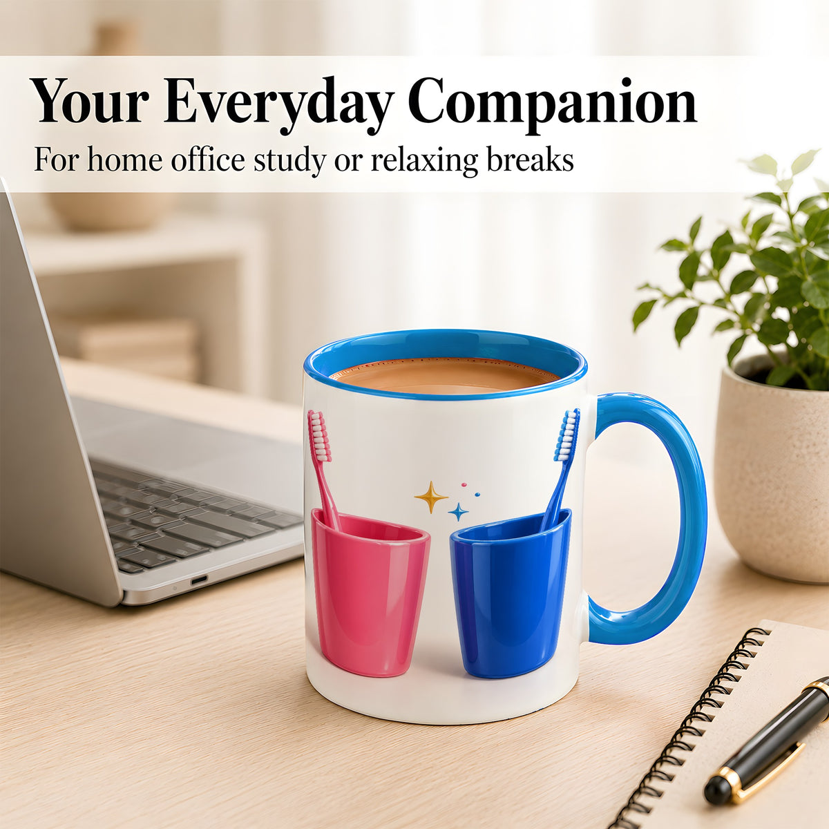 #pl[11oz|Blue] Pink Blue Toothbrush Pair Coffee Mug, Dental Theme Mug, Ceramic Cup