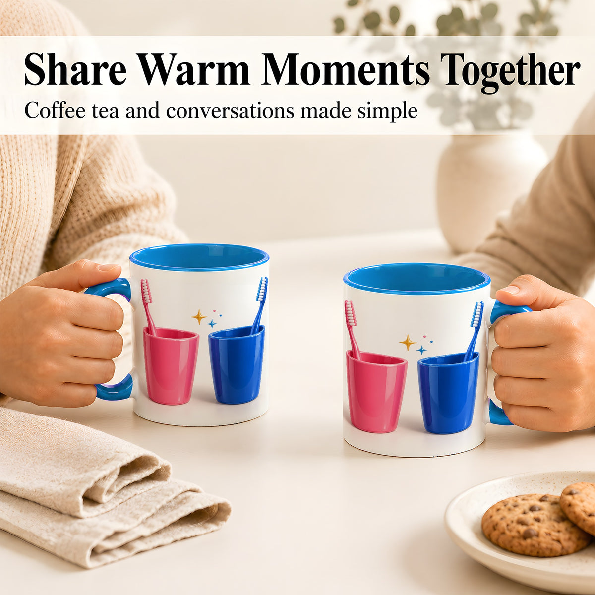 #pl[11oz|Blue] Pink Blue Toothbrush Pair Coffee Mug, Dental Theme Mug, Ceramic Cup